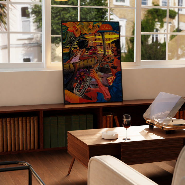 A trumpet player and lively jazz club interior in orange, red, yellow and deep blue in a black display frame on a wooden console beside a sunlit window