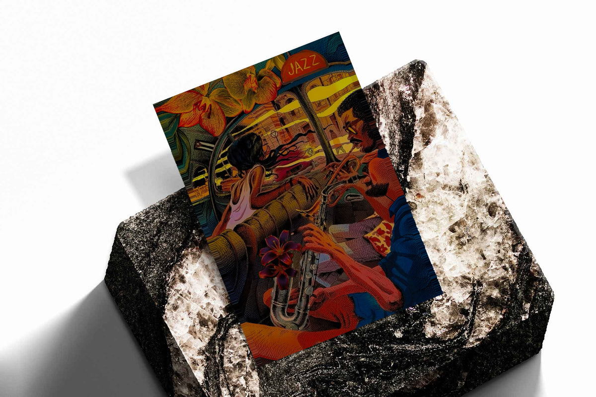 A trumpet player and lively jazz club interior in orange, red, yellow and deep blue as an unframed print resting at an angle on a dark stone display