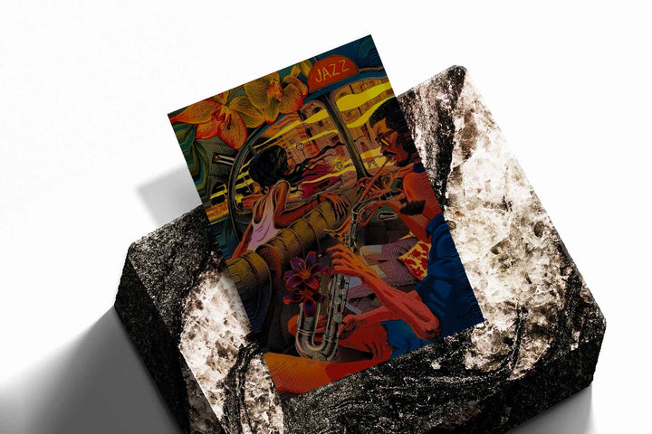 A trumpet player and lively jazz club interior in orange, red, yellow and deep blue as an unframed print resting at an angle on a dark stone display
