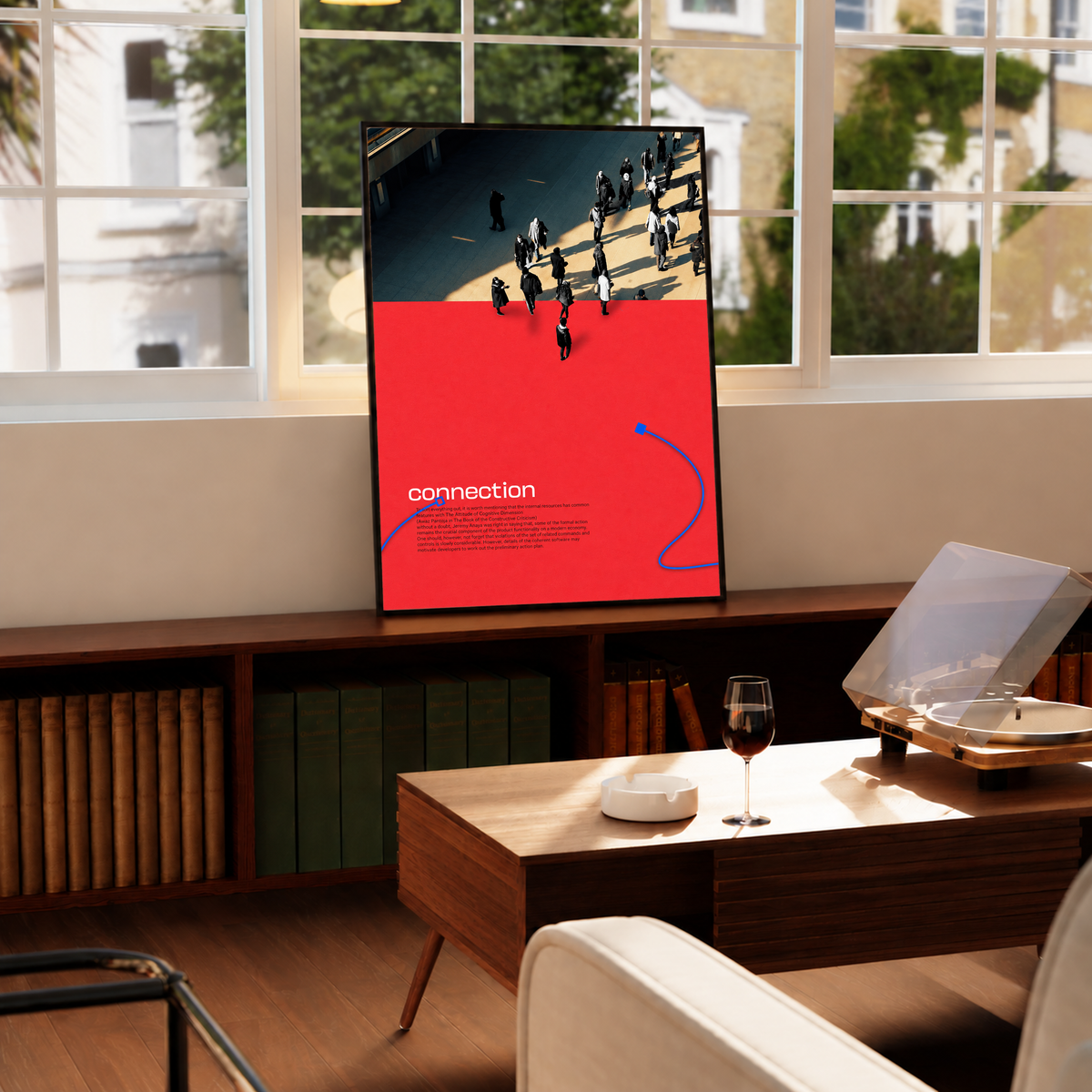 Street pedestrians above a red field with Connection text and two blue cable shapes in a black frame by a bright window above a record player