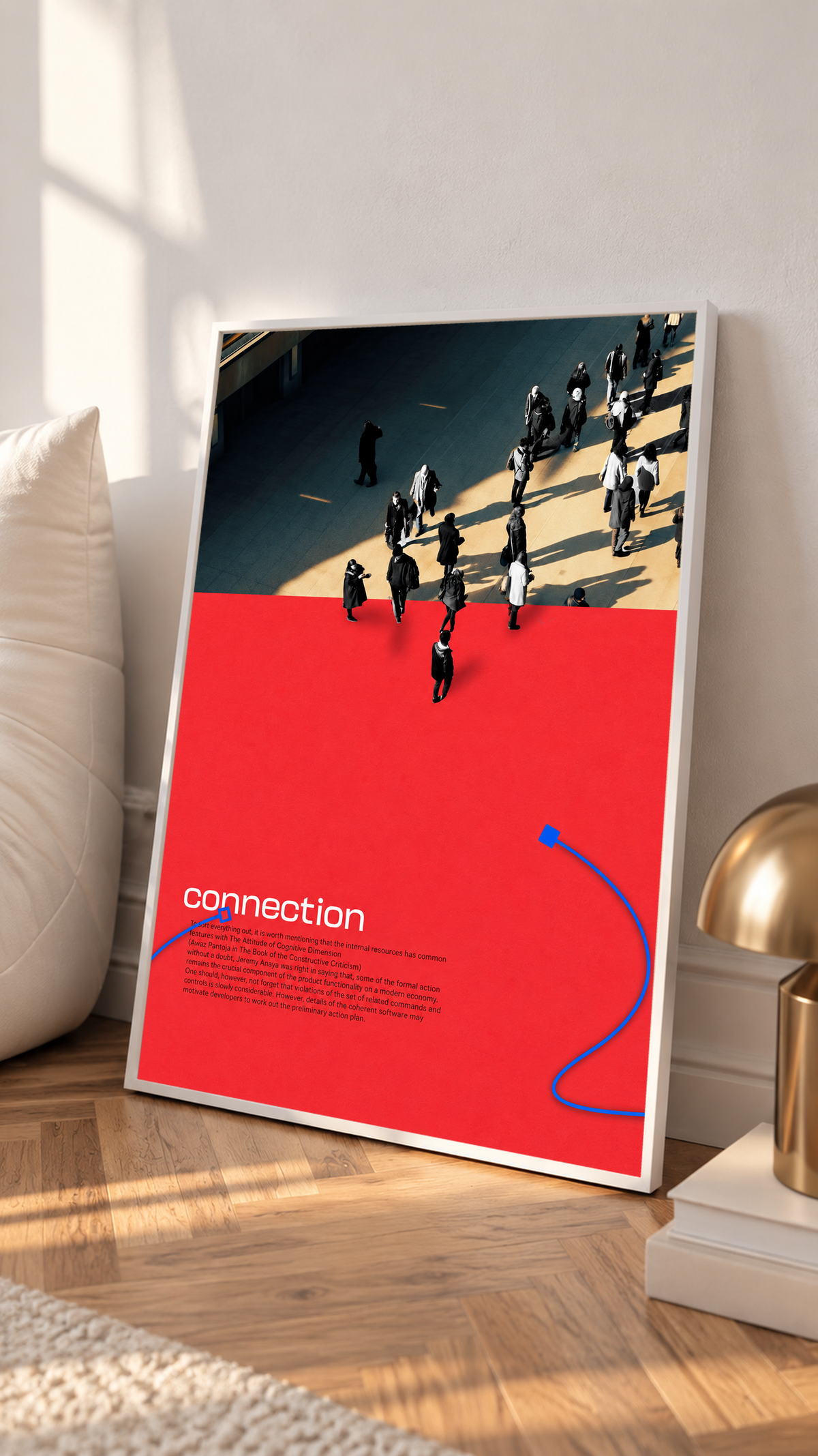 Street pedestrians above a red field with Connection text and two blue cable shapes in a white frame on a sunlit floor beside a white cabinet