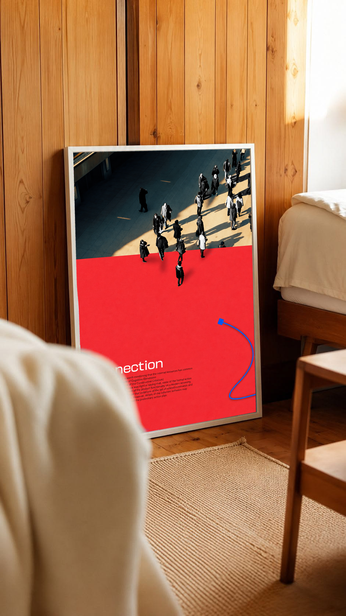 Street pedestrians above a red field with Connection text and two blue cable shapes in a white frame leaning against warm wooden wall panels