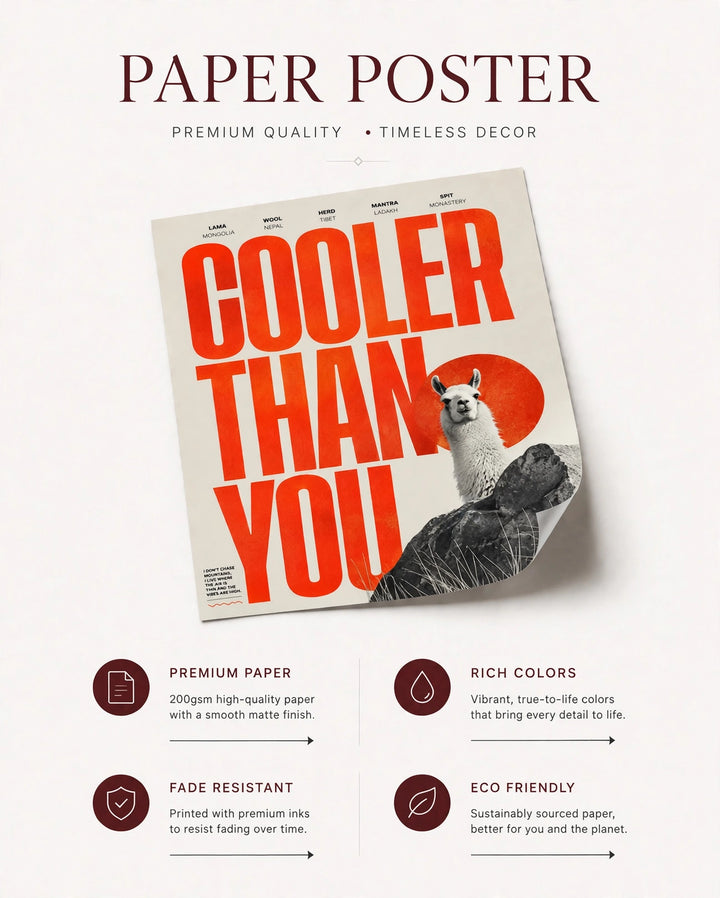 Paper poster wall art with red "COOLER THAN YOU" typography and llama on rocks