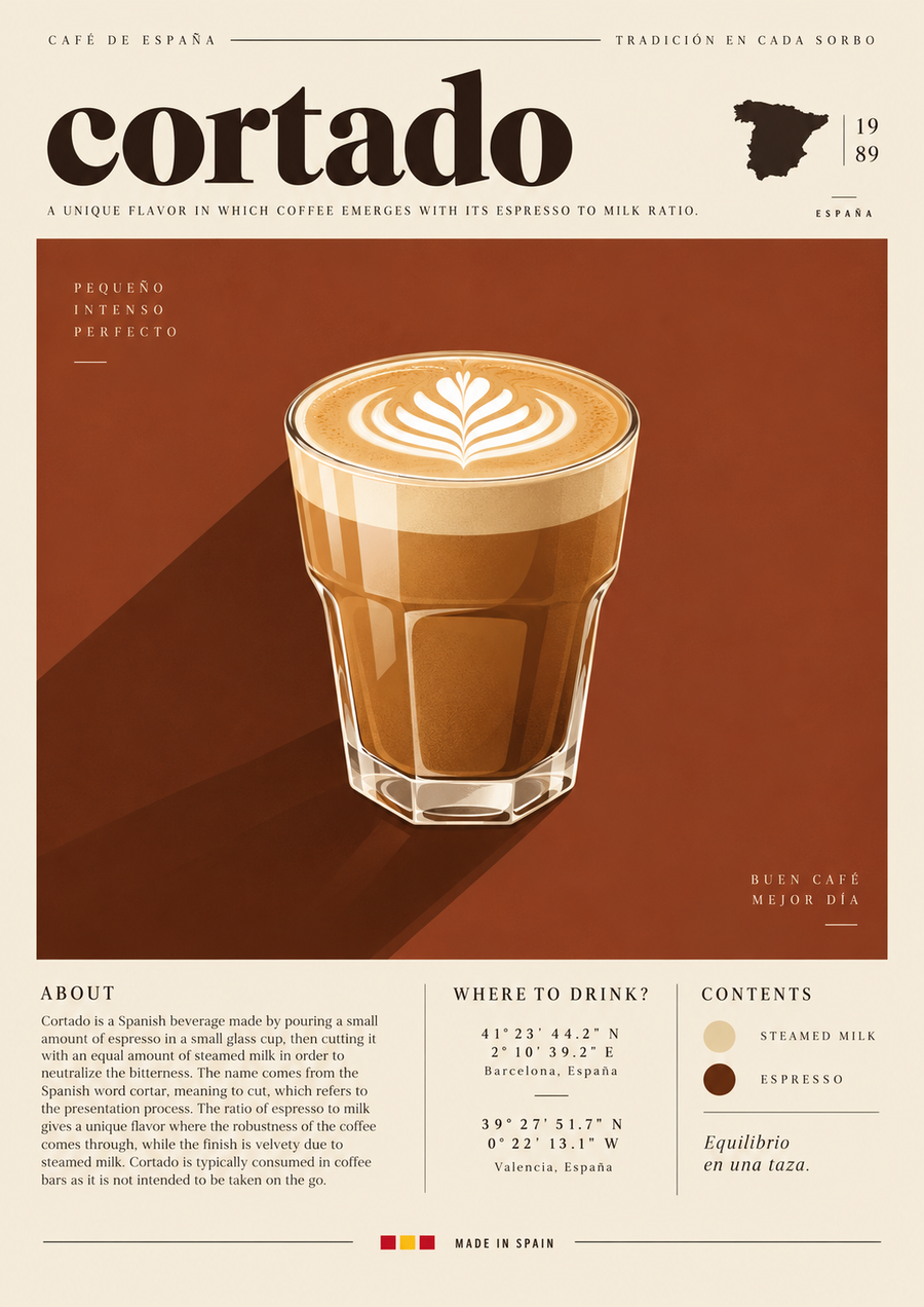 Cortado coffee kitchen wall art poster with vintage cafe typography in cream and espresso brown