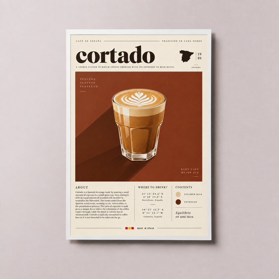 Cortado coffee kitchen poster presented in a clean framed wall art mockup