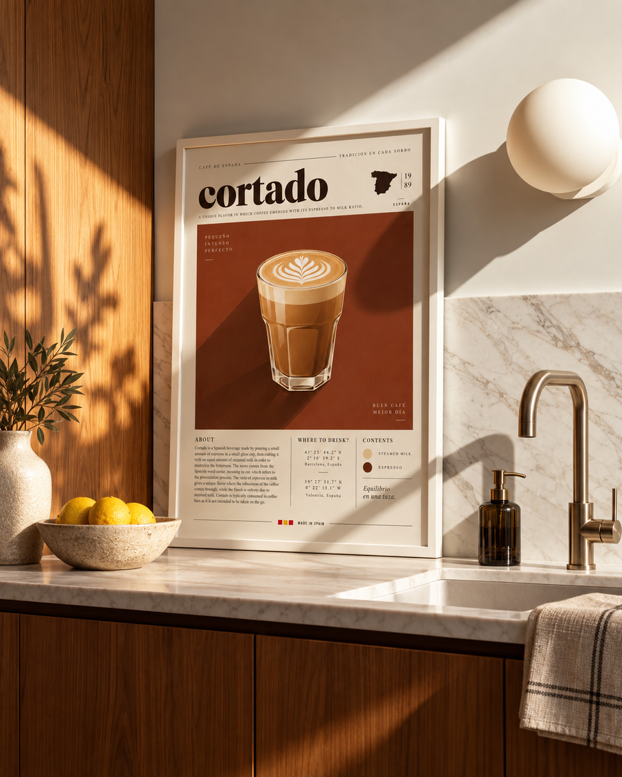 Cortado coffee kitchen wall art displayed in a warm modern cafe inspired interior