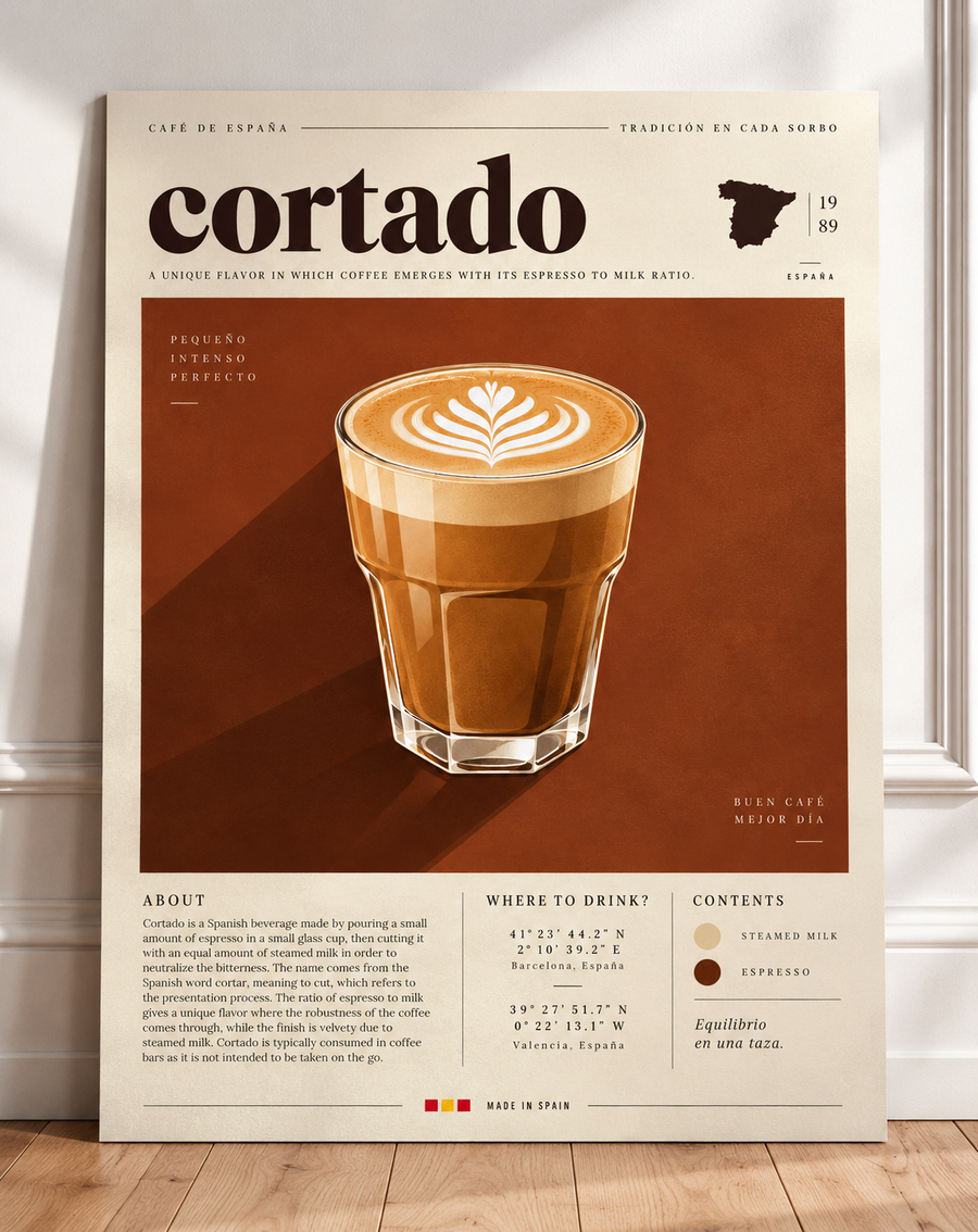 Cortado coffee wall art styled in a contemporary kitchen and dining interior