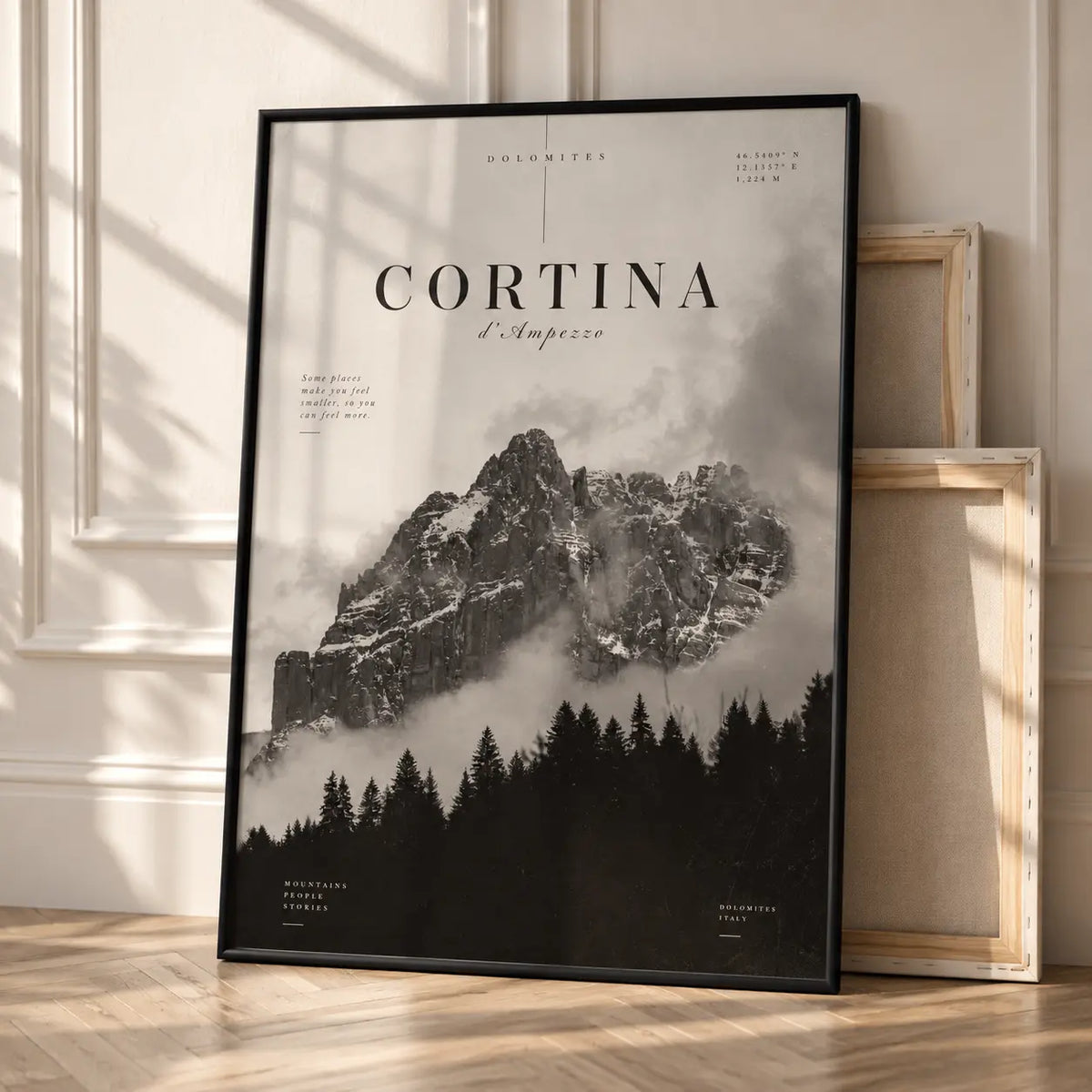 Cortina Mountain Art Print displayed in a thin black frame with dramatic Italian mountain scenery and Cortina typography