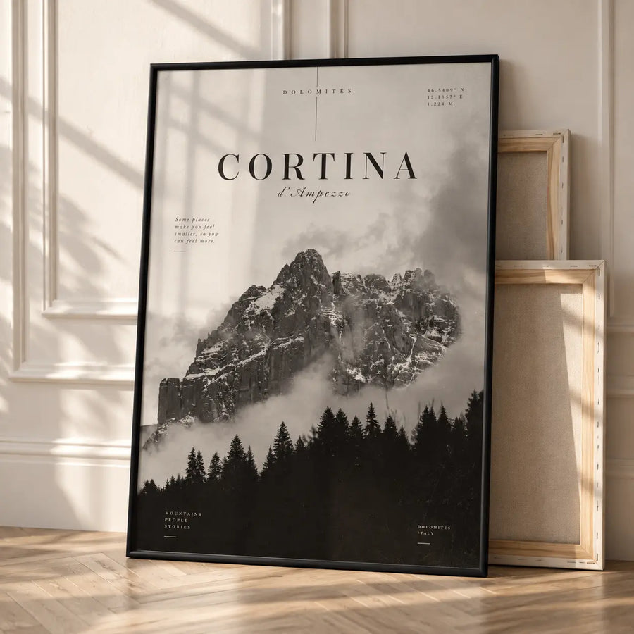 Cortina Mountain Art Print displayed in a thin black frame with dramatic Italian mountain scenery and Cortina typography