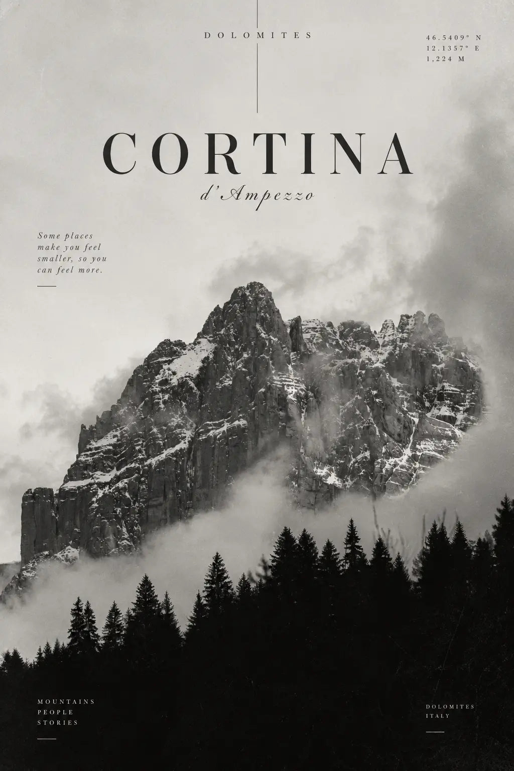 Cortina Mountain Art Print styled as monochrome Italian travel artwork featuring Cortina mountain scenery and refined typography