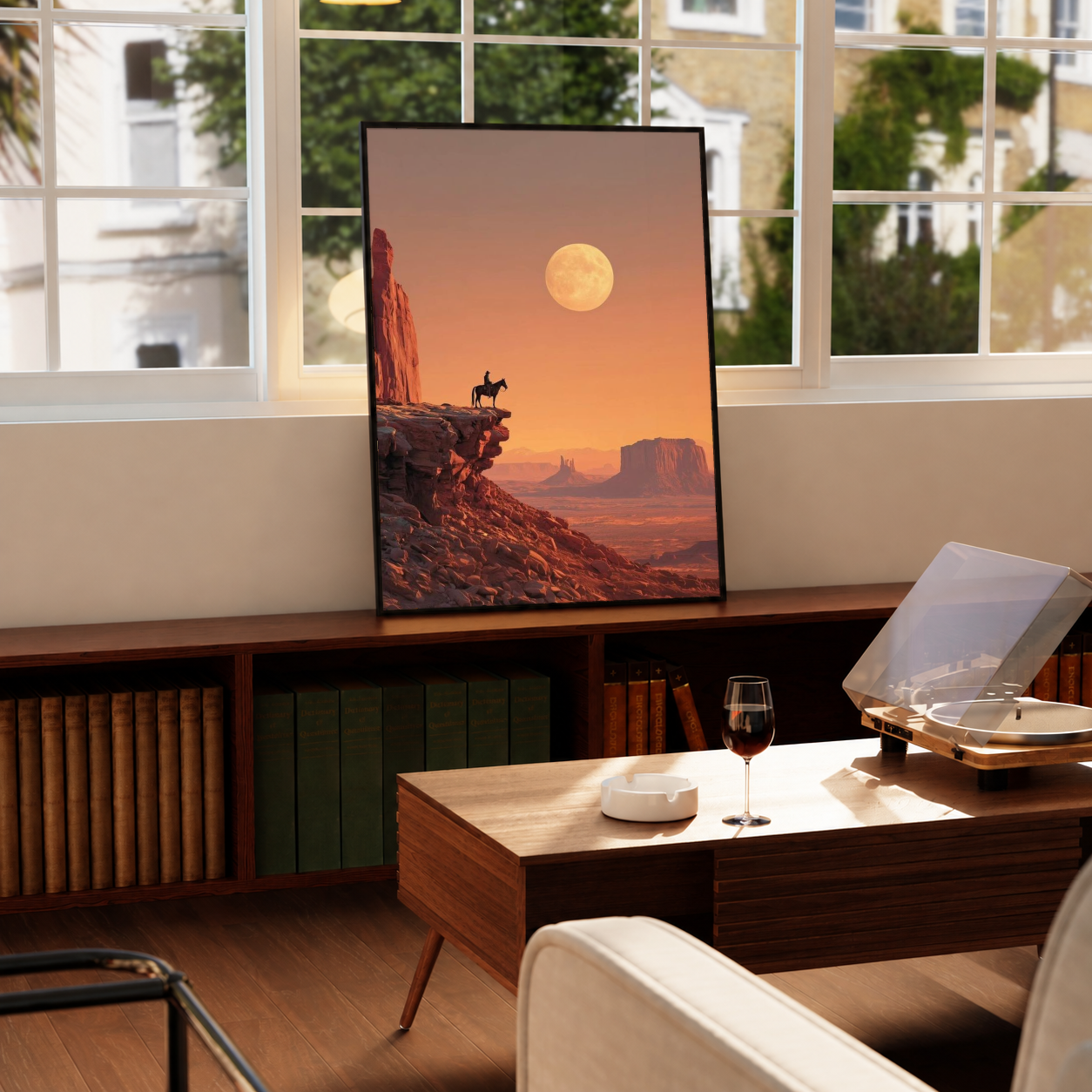 Surreal western wall poster with cowboy on horse under a large yellow moon over red canyon