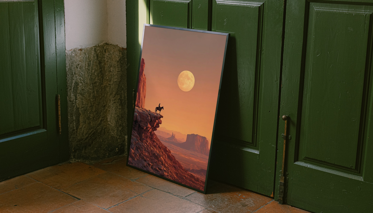 Cowboy Moon Poster shown as a canvas leaning beside green panels on a wooden floor.