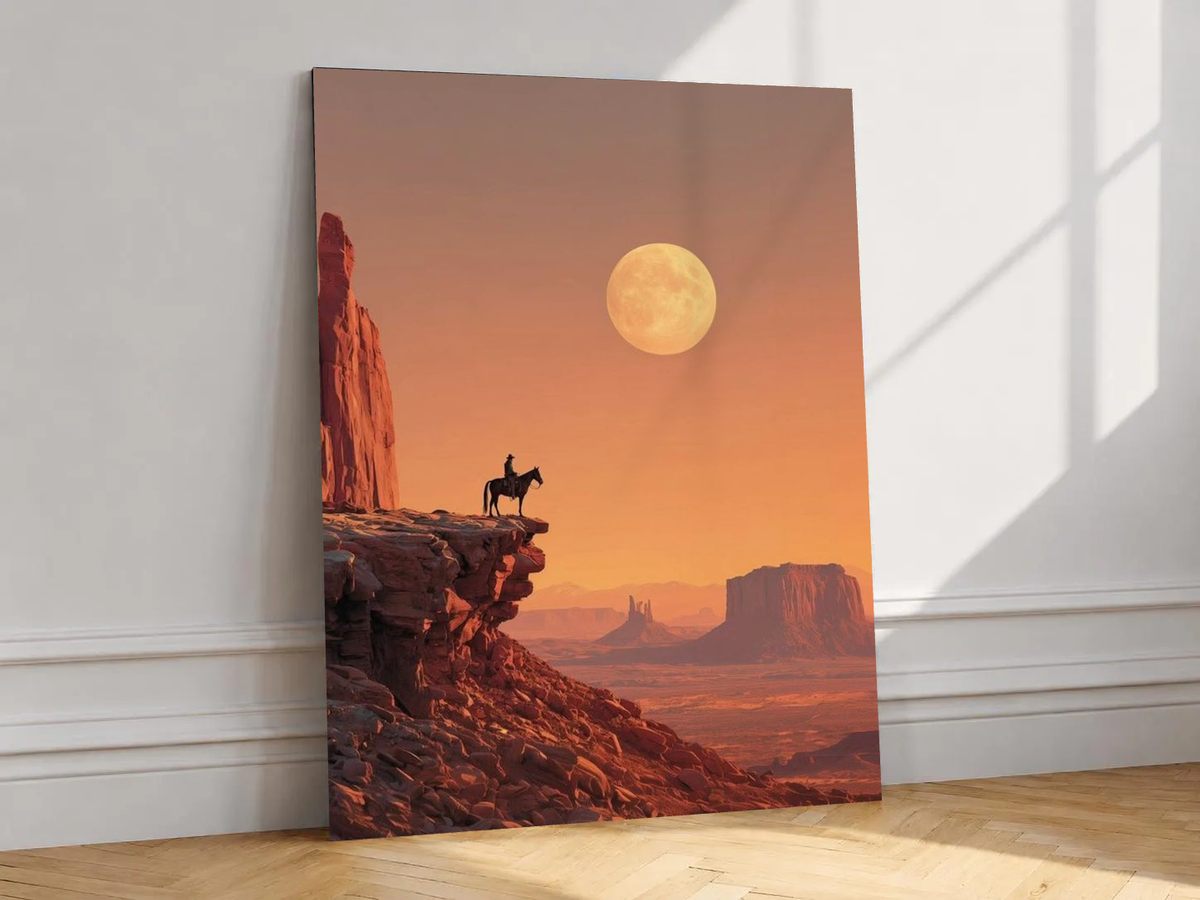 Canvas artwork depicting horse and rider on a canyon cliff beneath an oversized moon, leaning against a white wall in angled sunlight.
