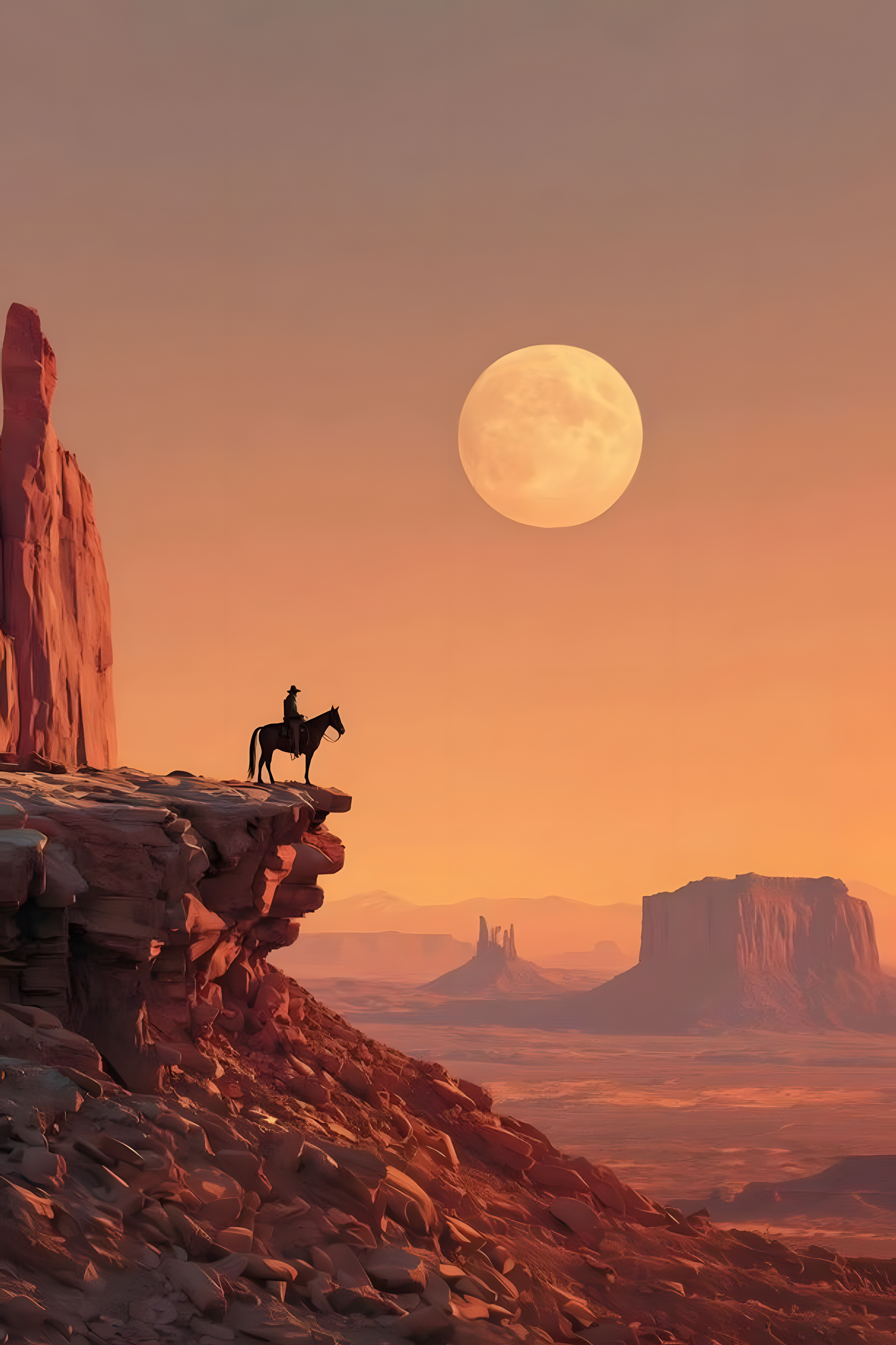 Western desert poster scene: cowboy on horse on rocky ledge, large yellow moon, red canyon