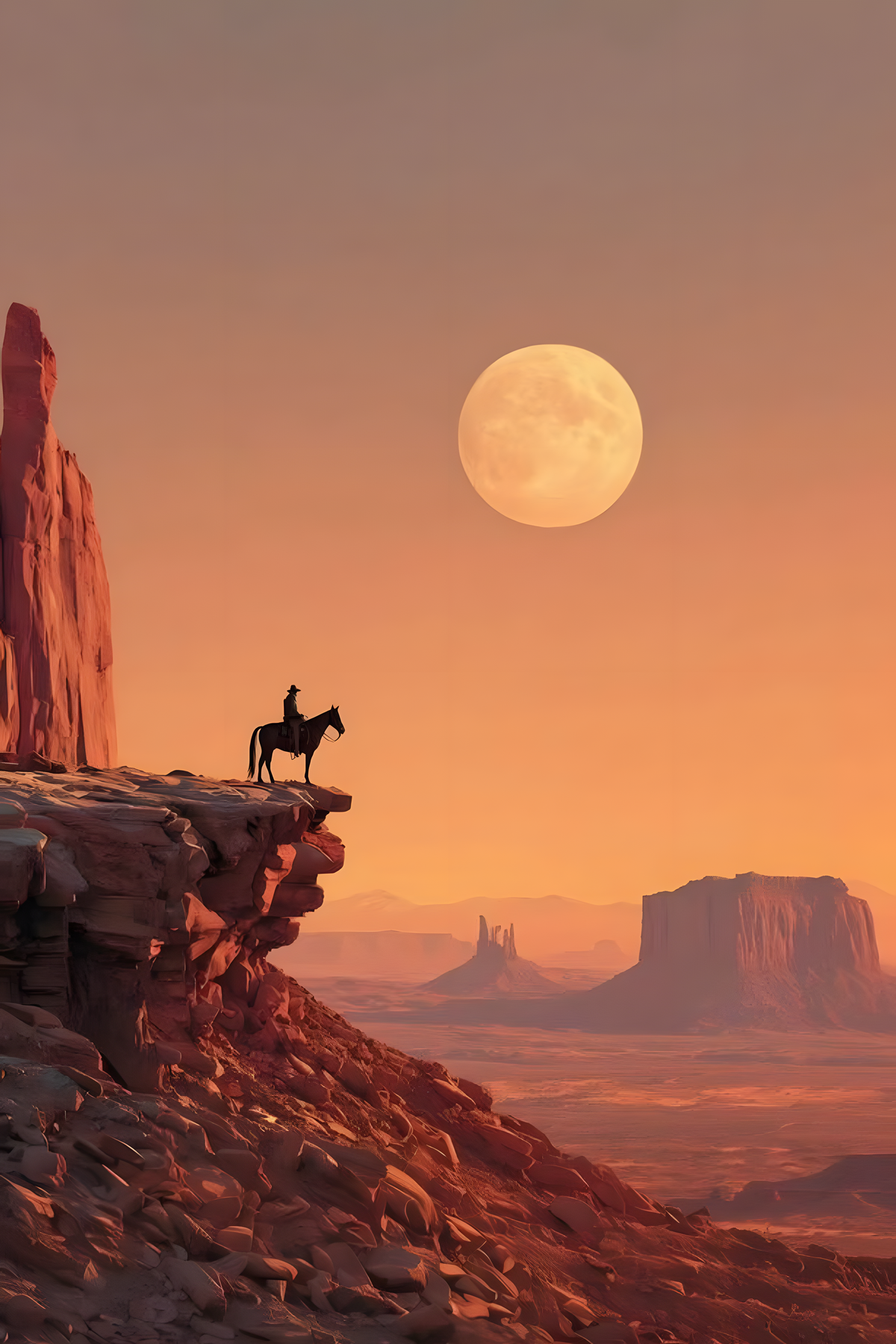 Horse and rider on a canyon cliff beneath an oversized moon in burnt orange, rust red, gold.