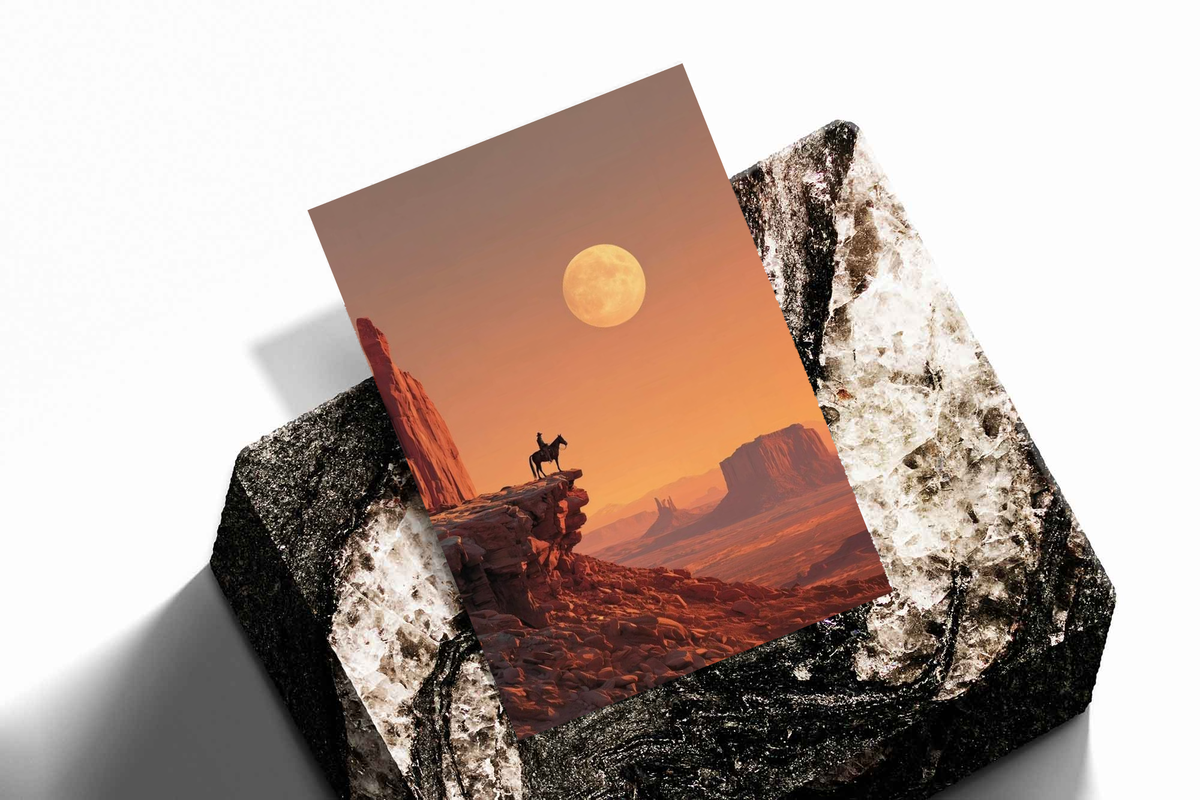 Unframed artwork depicting horse and rider on a canyon cliff beneath an oversized moon, presented diagonally on rough stone.