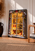 Christmas window art print in a black frame, with stockings, a tree, and fireplace
