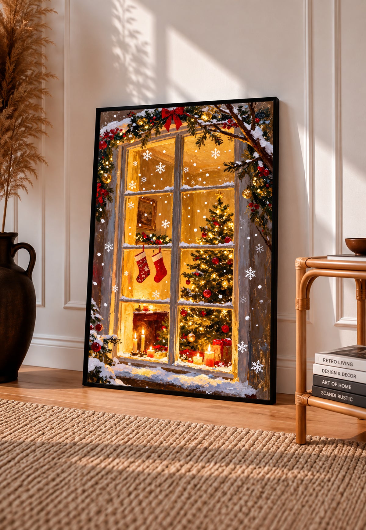 Christmas window art print in a black frame, with stockings, a tree, and fireplace