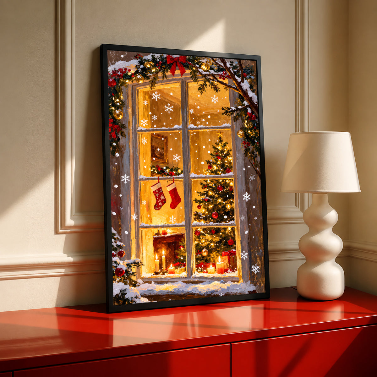 Christmas window art print in a black frame, with stockings, a tree, and fireplace