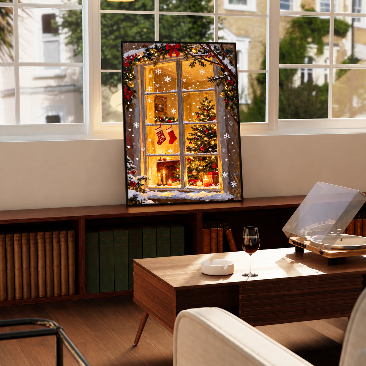 Christmas window art print with stockings, a tree, and fireplace in a black frame
