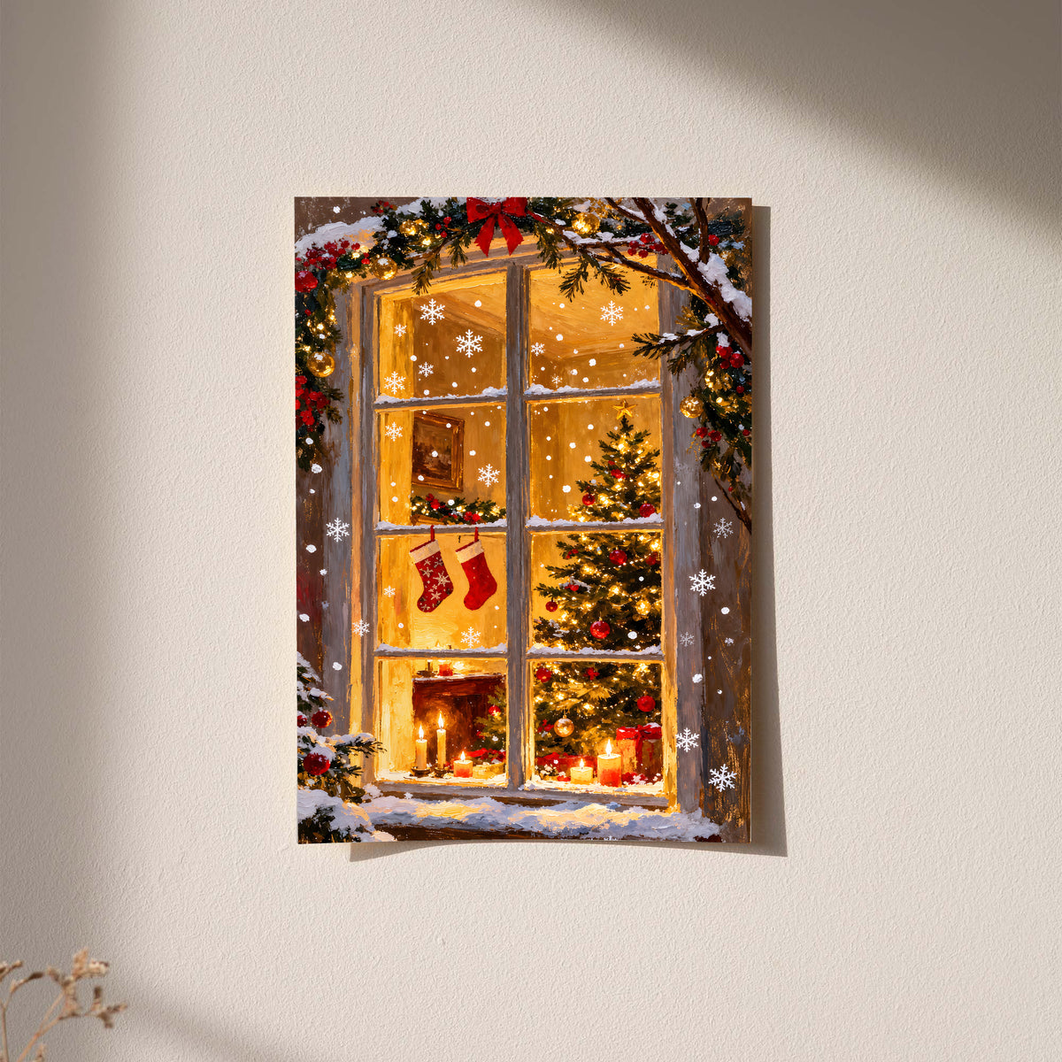 Christmas window art print on canvas, with stockings, a tree, and fireplace