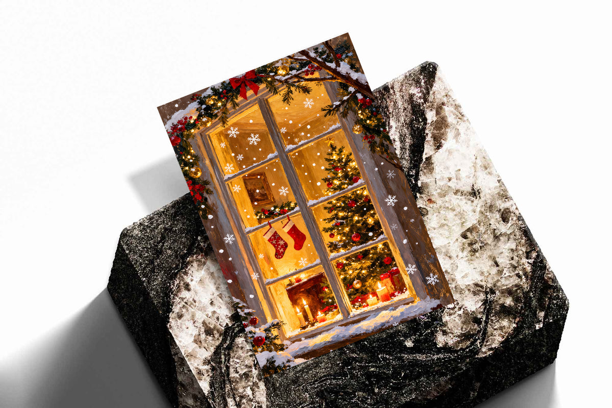 Christmas window art print mounted on a thick, dark-edged canvas backing