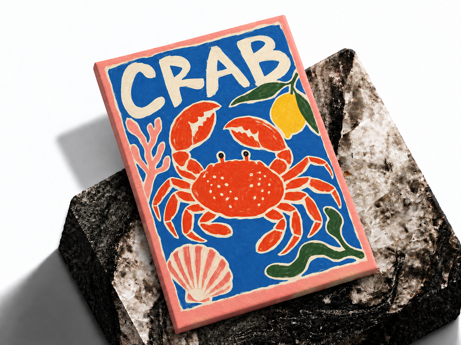 Crab seafood kitchen poster shown as a premium art print mockup
