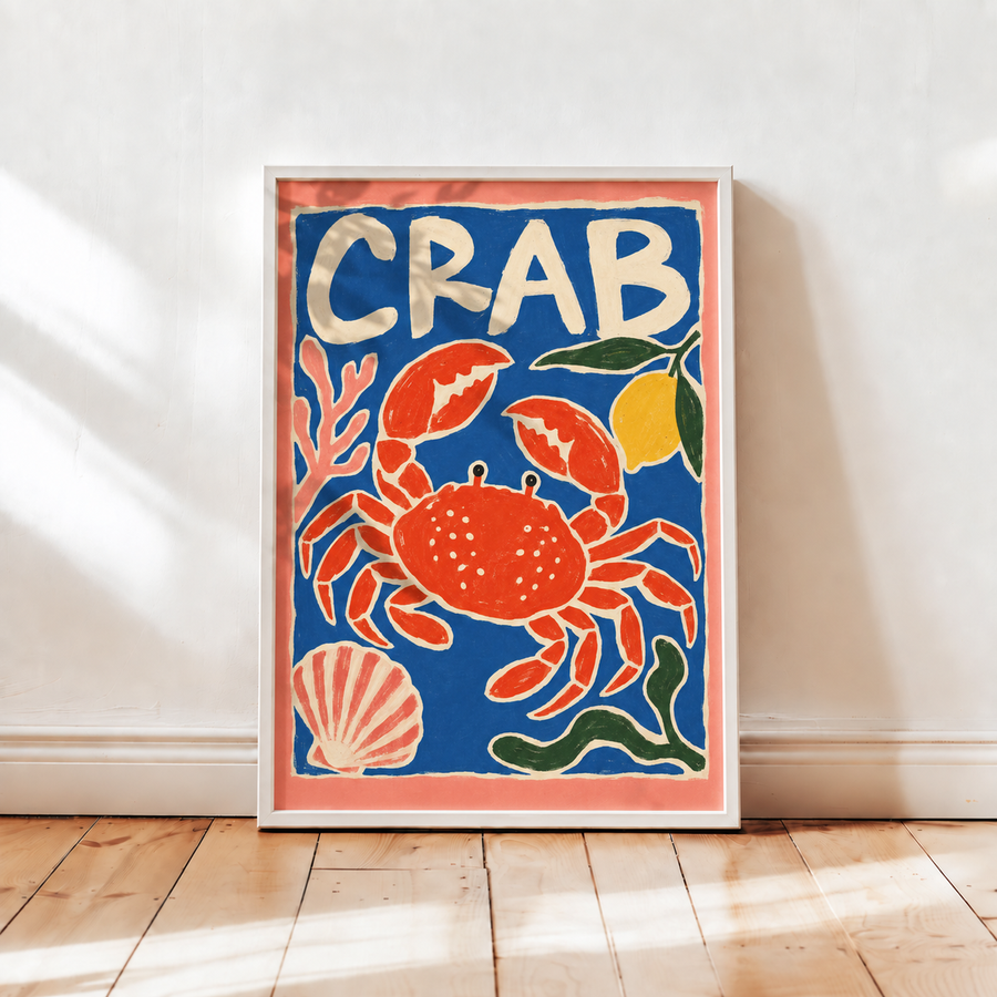 Crab seafood wall art displayed in a colorful modern kitchen and dining interior