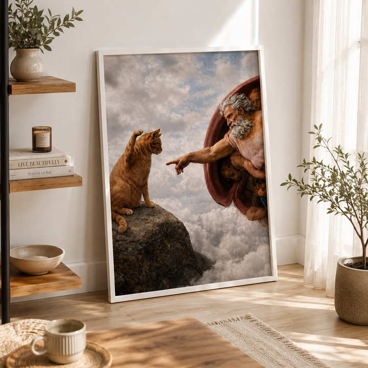 White-framed cat and Adam-inspired wall art print with figures reaching over clouds