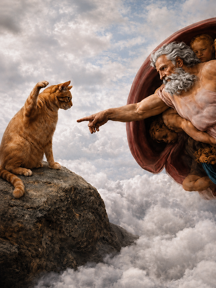 Unframed cat and Adam-inspired artwork scene with reaching figures among clouds
