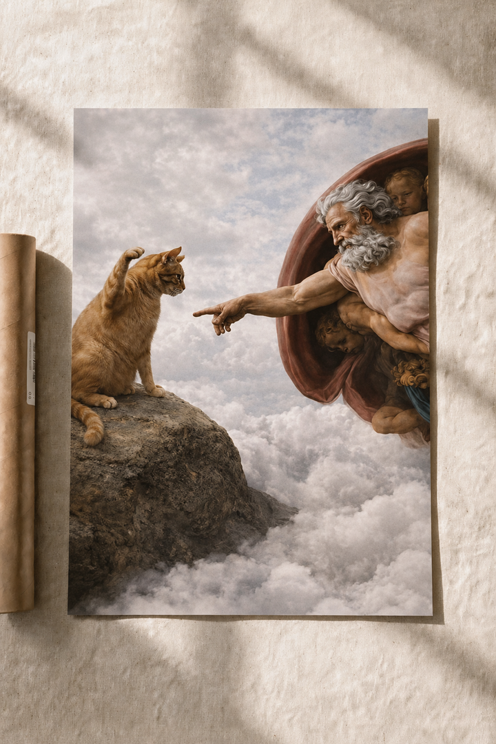 Cat and renaissance figures reaching in Creation of Adam artwork poster