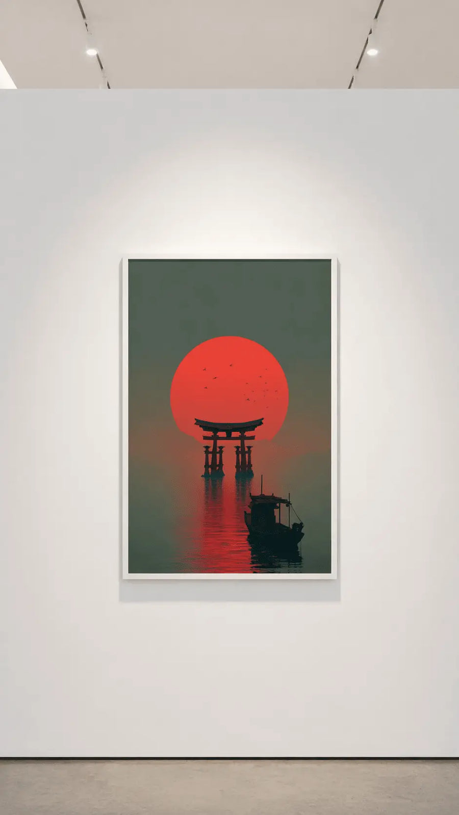 alt
Impresión artística de pared de un torii con sol rojo, cielo verde oscuro y agua roja de tono melancólico