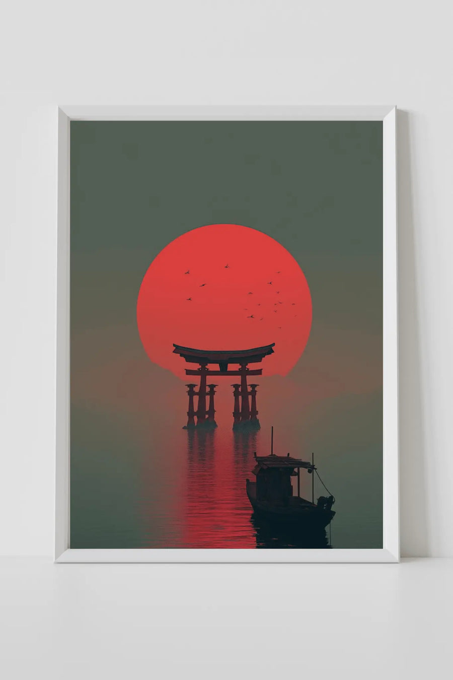 Arte mural de puerta torii enmarcada con sol rojo y escena de agua teñida de rojo