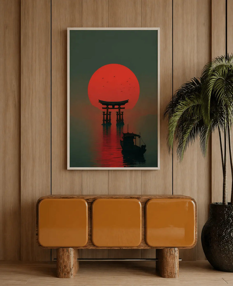 Arte mural de un torii con marco blanco, con sol rojo sobre aguas tranquilas y un barco oscuro
