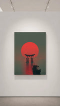 Torii gate canvas wall art with large red sun, water reflections, and dark ship