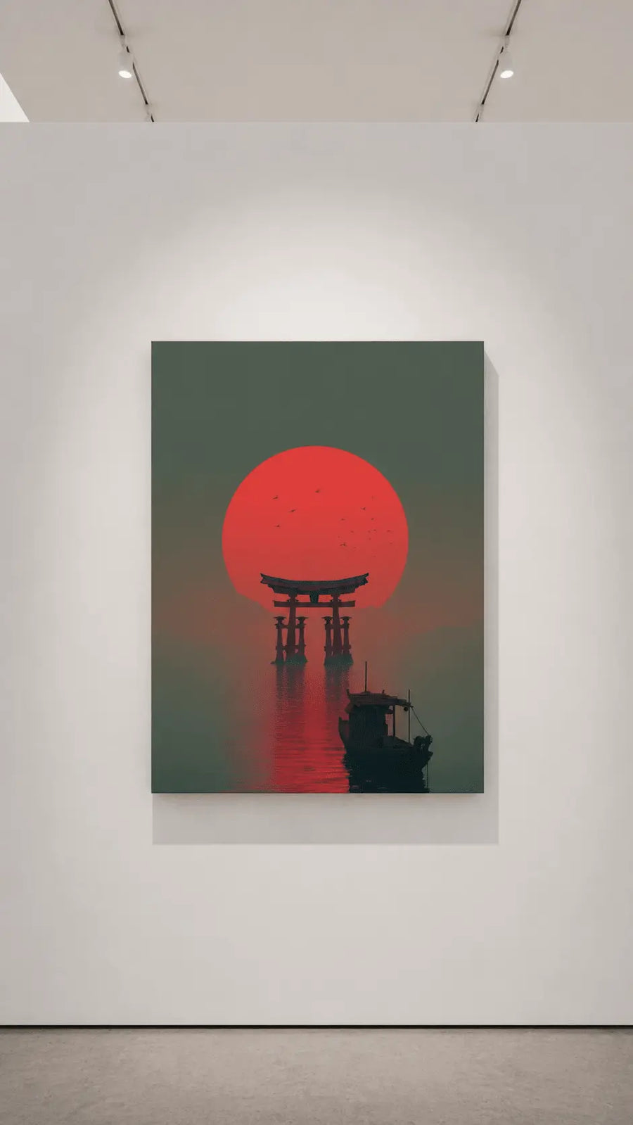 alt
Arte mural en lienzo de un torii con gran sol rojo, reflejos en el agua y barco oscuro