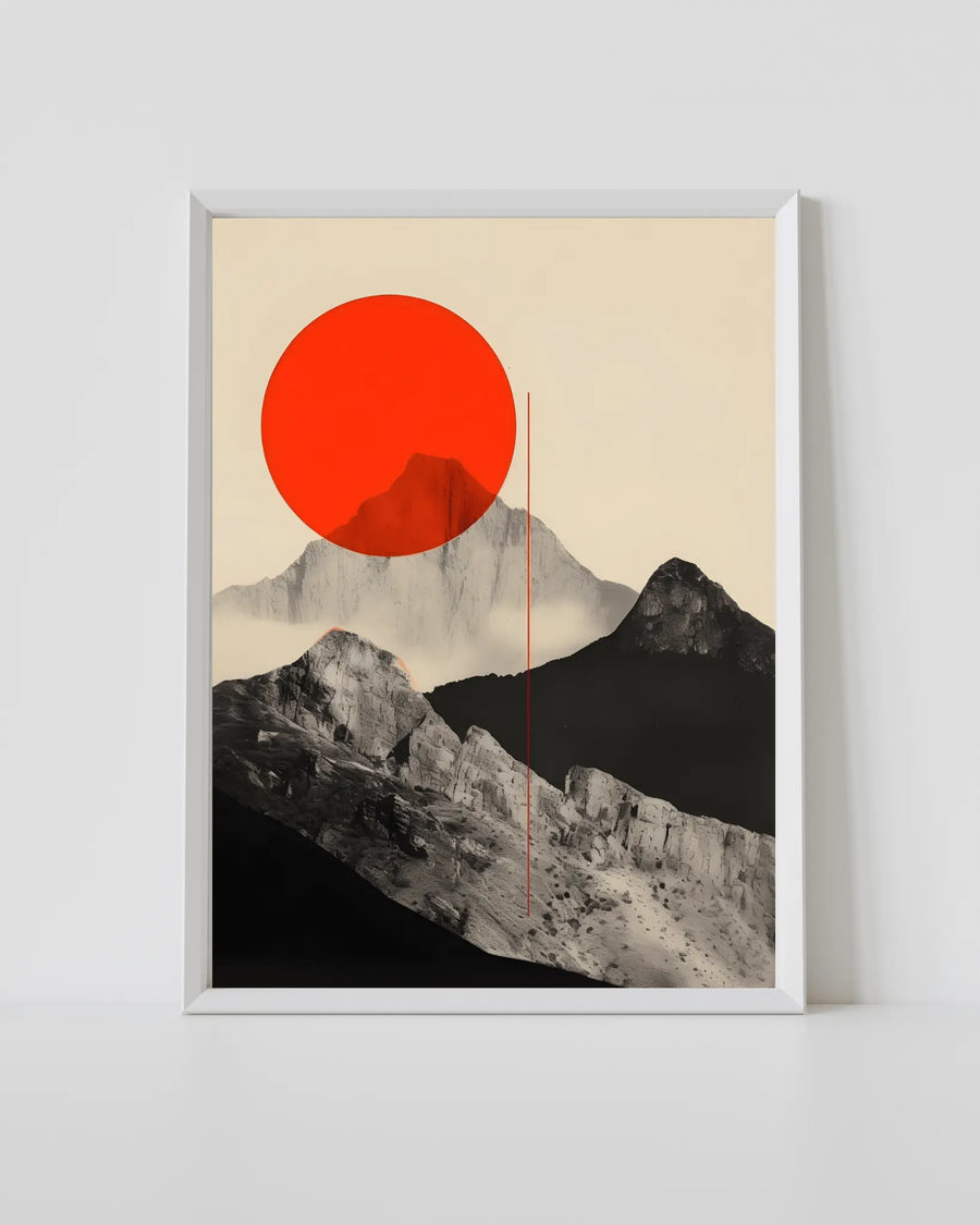 Framed mural de montaña con sol circular rojo sobre picos en blanco y negro