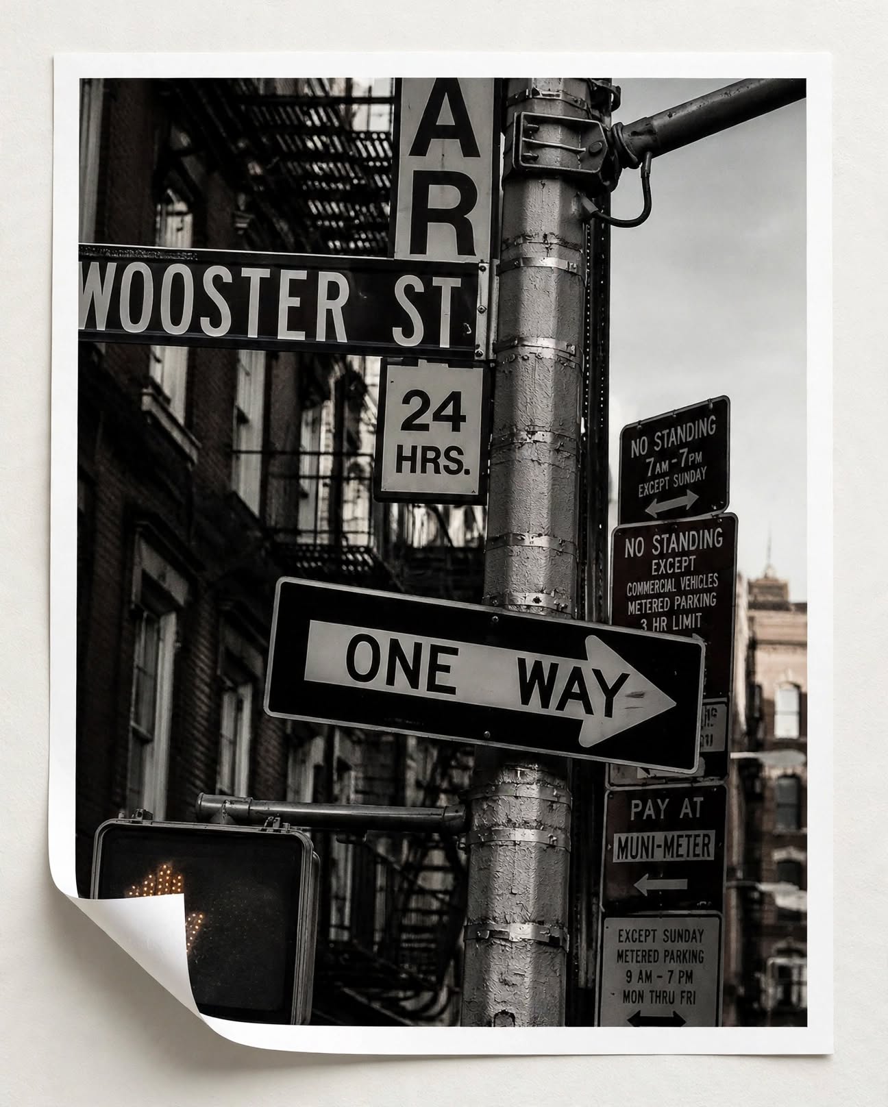 New York Street Sign Art Print focused on recognizable Manhattan wayfinding signs and gritty metropolitan details