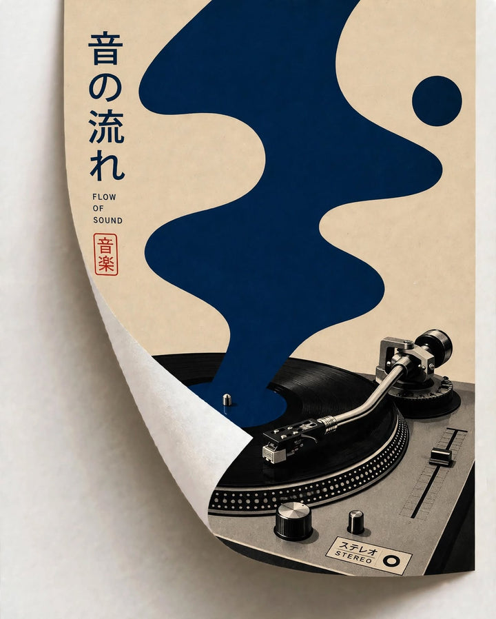 Japanese Vinyl Record Wall Art shown as a rolled paper print with abstract blue graphics and analog music imagery