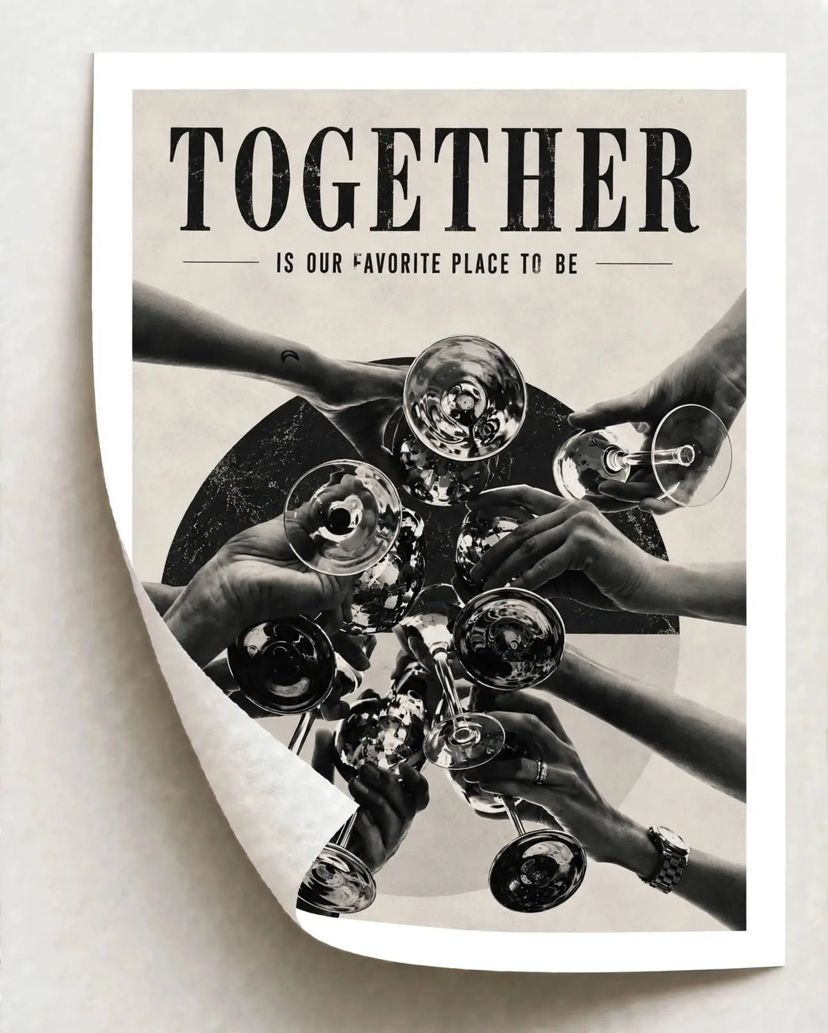 Typography art print poster with 'TOGETHER' and black-and-white raised champagne glasses