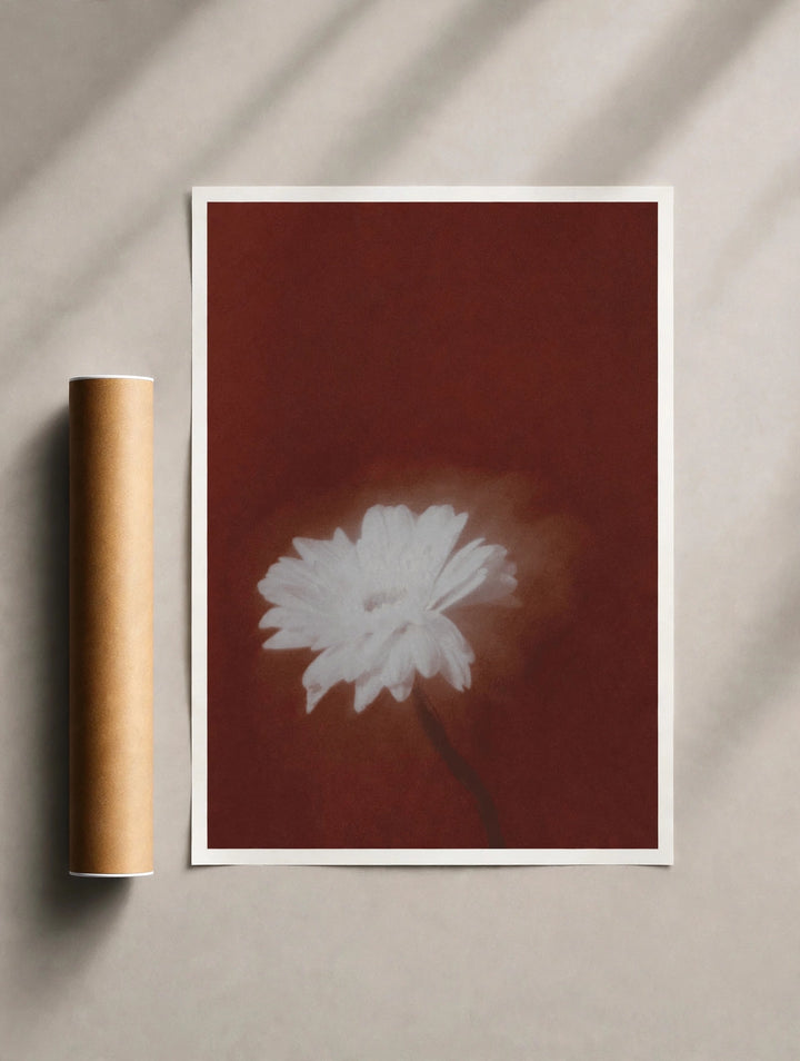 White-framed poster with faded white flower print, single bloom