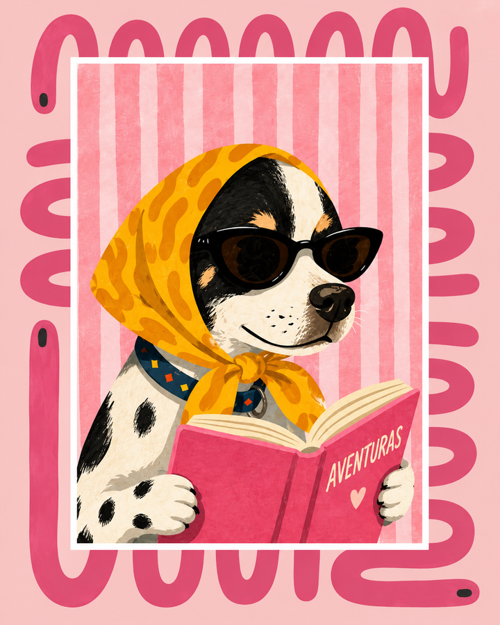 Spotted Dalmatian in black cat-eye sunglasses and a yellow patterned headscarf, holding a hot-pink book against pink stripes.