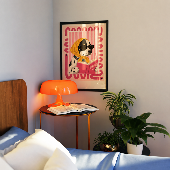Reading dalmatian dog wall art displayed in styled interior view 2