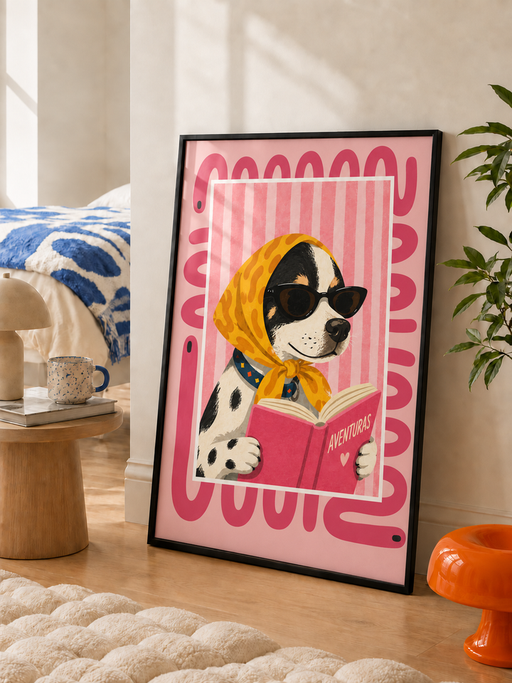 Reading dalmatian dog wall art displayed in styled interior view 3