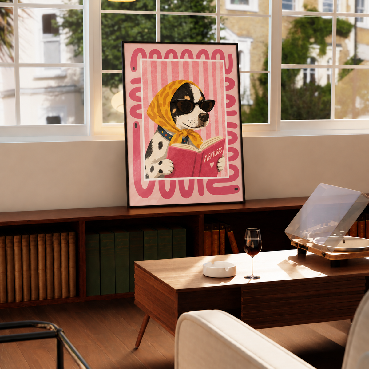 Reading dalmatian dog wall art displayed in styled interior view 4