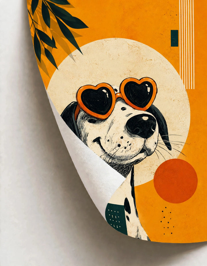 Dalmatian art print with heart-shaped goggles on orange abstract backdrop, close-up