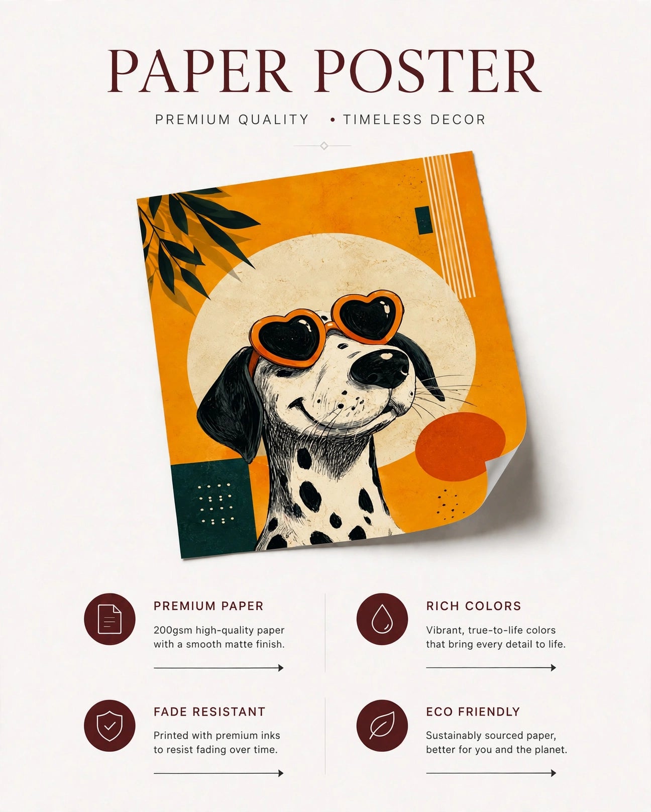 Paper poster of dalmatian art with orange background and heart-shaped goggles
