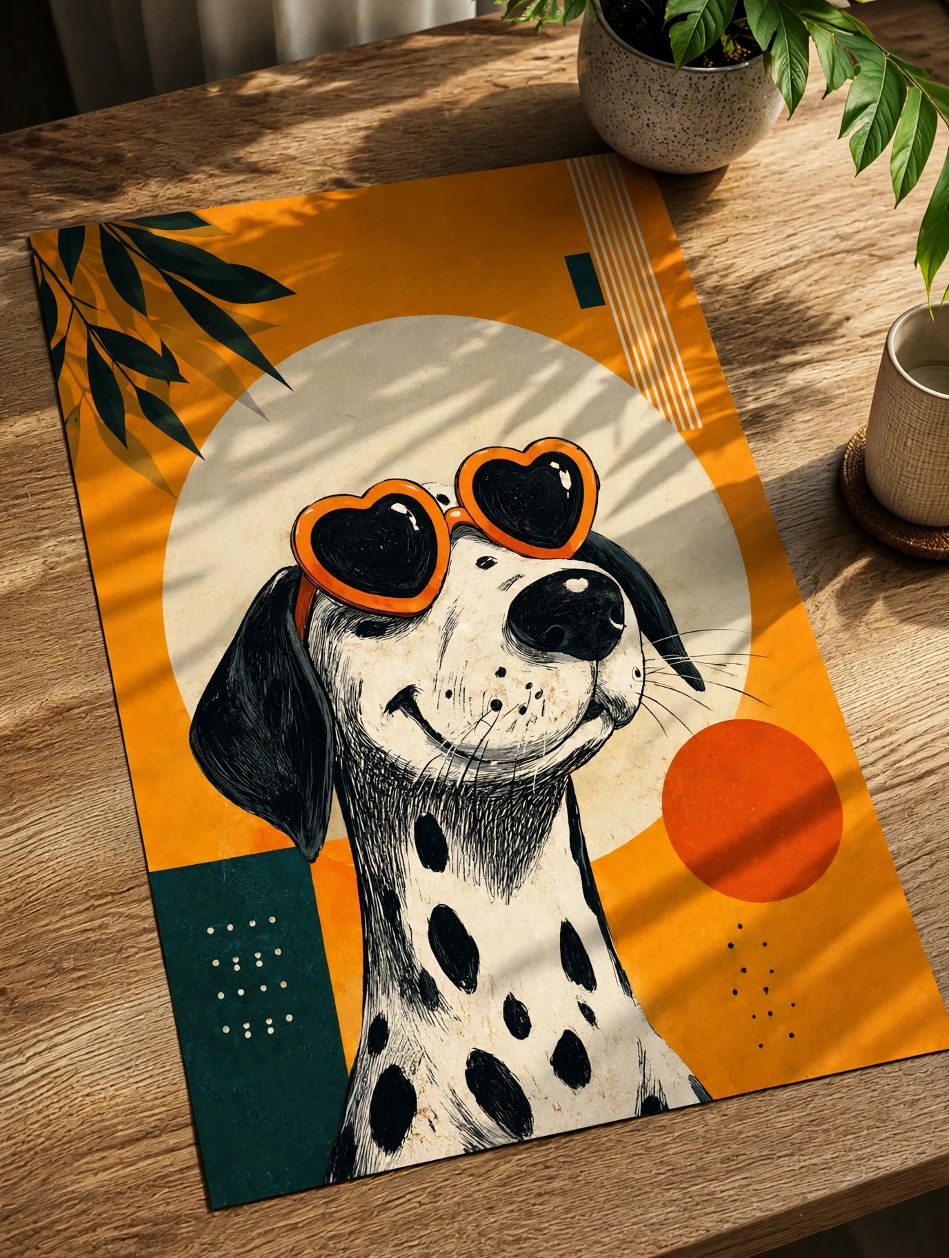 Dalmatian art print on wooden table with orange background and heart goggles