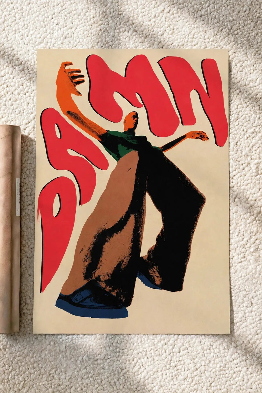 Graphic poster with red abstract lettering and a black dancing figure