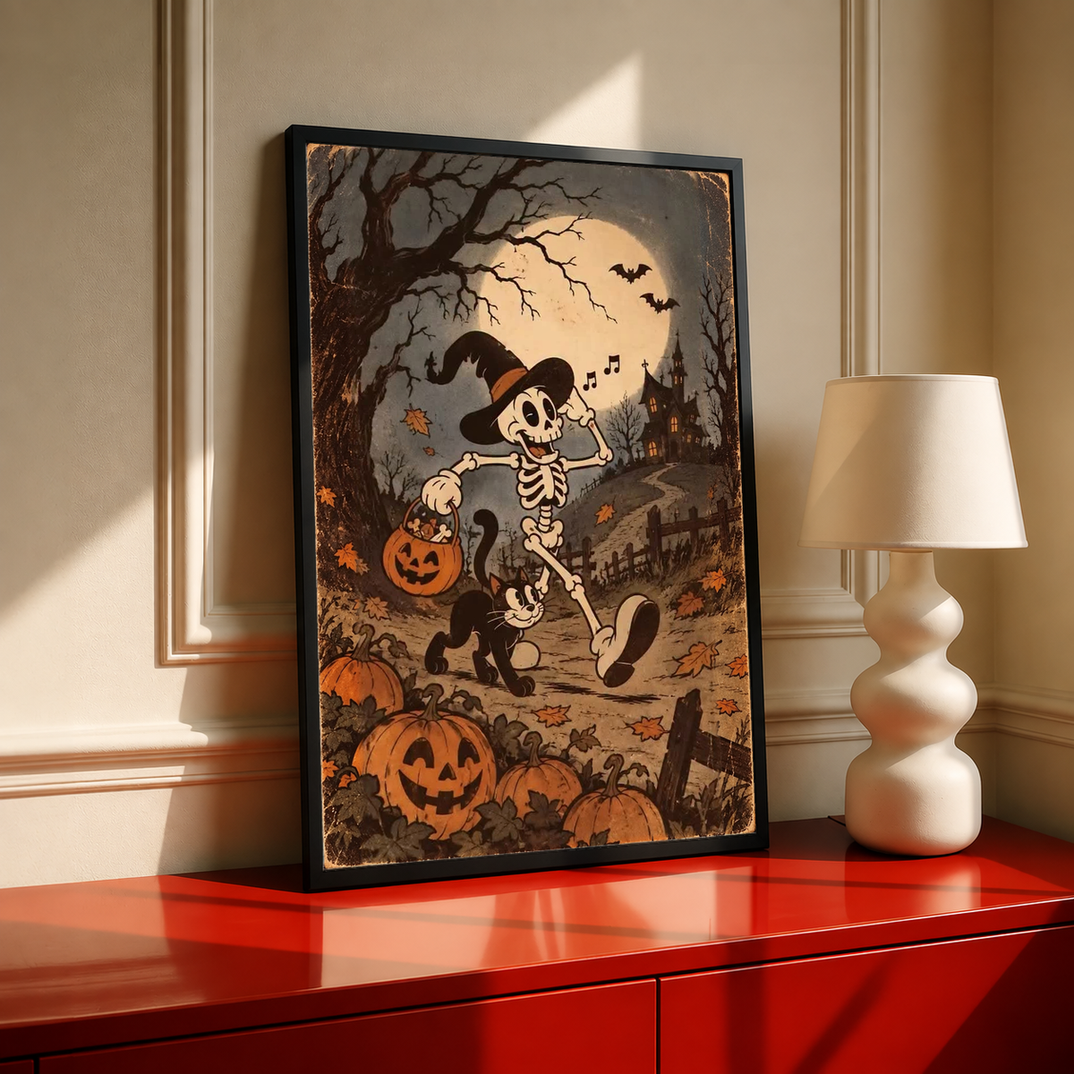 Halloween framed poster showing a dancing skeleton holding a broom with pumpkins and a moon